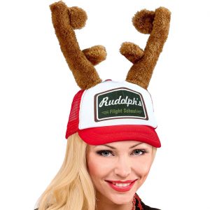 Rentier Weihnachts Deko Schildmütze mit Hörnern Plüsch Rudolph Flight School rot-braun