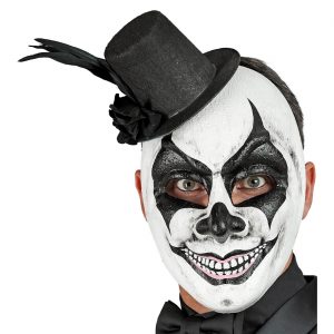 Böser Clown Gesichtsmaske mit Hut und Feder COMMEDIA DELL ARTE Deluxe schwarz-weiß