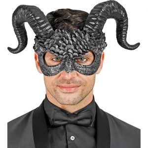 Teufel / Dämon Dominomaske mit Hörnern Halbmaske COMMEDIA DELL ARTE Deluxe mit angedeuteten Federn grau-schwarz