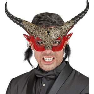 Teufel / Dämon Dominomaske mit Hörnern Halbmaske Deluxe mit Spitze und Federn rot-schwarz