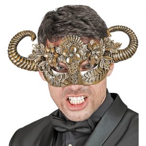 Teufel / Dämon Dominomaske mit Hörnern Halbmaske Deluxe mit Spitze Blumen und Widderhörnern gold