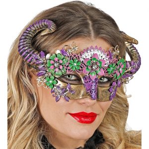Teufel / Dämon Dominomaske mit Hörnern Halbmaske Deluxe mit Spitze Blumen und Widderhörnern gold-lila