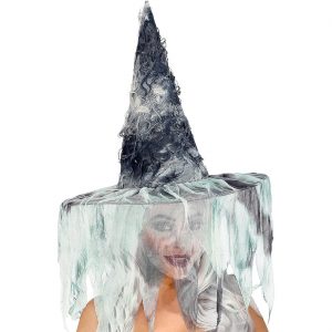 Hexen Zauberer Hexenhut aus Stoff mit Schleier in Fetzenoptik grau-schwarz