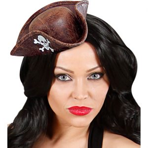 Piraten Minihut Dreispitz mit Gummiband in Lederoptik mit weißem Schädeldruck braun