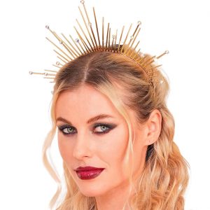 Gladiatorin / Göttin Krone Diadem Haarreif Heiligenschein aus Metall mit Strasssteinen gold