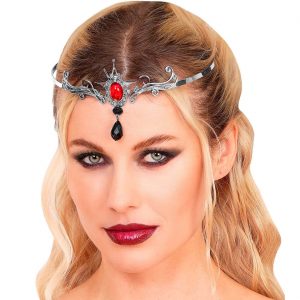 Edeldame Gothic Krone Diadem mit Fledermaus und Steinen in Rot und Schwarz silber-rot