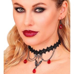 Edelleute Vintage / Gothic Halskette+Ohrringe Set schwarzes Halsband aus Spitze mit roten Steinen Fledermaus silber