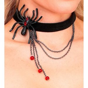 Spinnen Halskette Collier Samtband mit Ketten und Steinen schwarz-rot