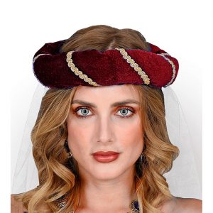 Edeldame Königin Haarreif Haarband aus Samt mit Borte und Schleier dunkelrot-gold