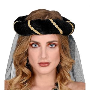 Edeldame Königin Haarreif Haarband aus Samt mit Borte und Schleier schwarz-gold