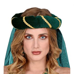 Edeldame Königin Haarreif Haarband aus Samt mit Borte und Schleier dunkelgrün-gold