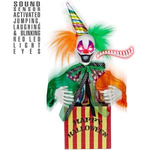Böser Clown Deko Standfigur animiert+LED+Sound Springteufel Clown Jack in the Box HAPPY HALLOWEEN 37cm bunt