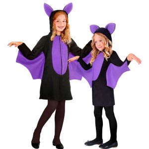 Fledermaus Kinderkostüm Kleid kurz mit Kapuze auch als Jacke zu tragen schwarz-lila