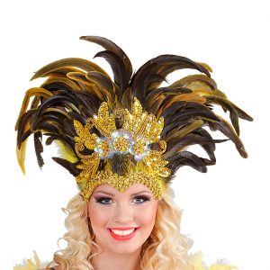 Brasilianischer Federkopfschmuck mit Haltebändern mit gold Pailletten Inka Show gelb