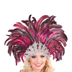 Brasilianischer Federkopfschmuck mit Haltebändern mit silber Pailletten Rio Show fuchsia