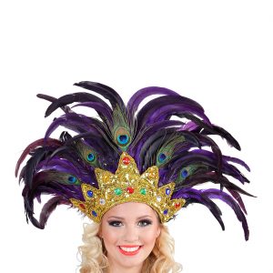 Brasilianischer Federkopfschmuck mit Haltebändern mit gold Pailletten und Pfauenfedern Bahia Show lila