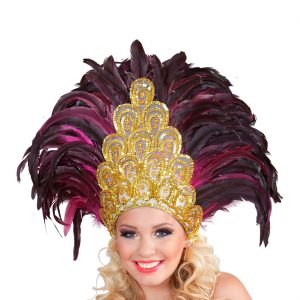 Brasilianischer Federkopfschmuck mit Haltebändern mit gold Pailletten Salvador Show fuchsia