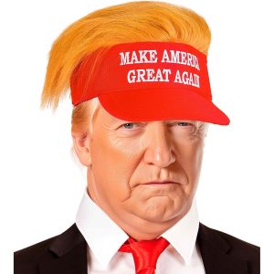 USA Präsident Sonnenschild Mütze mit Haaren MAKE AMERICA GREAT AGAIN rot-weiß