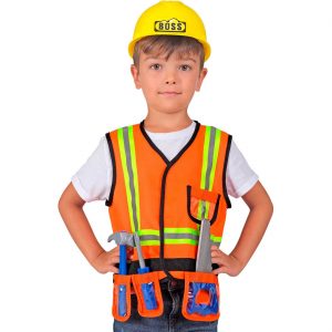 Bauarbeiter Kinderkostüm Teile-Set mit Weste Halm und Werkzeug orange-bunt