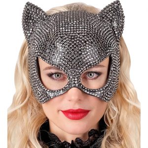 Superheldin Catgirl Dominomaske mit Strasssteinen Nieten silber