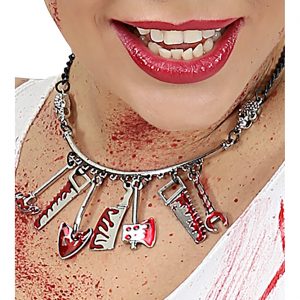 Blutiges Werkzeug Halskette Collier mit Hackebeil Messer Schippe Schraubenschlüssel silber-rot