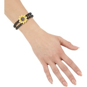 Blumen Sonnenblumen Perlenarmband aus Kusntstoff schwarz-gelb