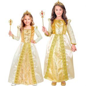 Prinzessin Edeldame Kinderkostüm Kleid lang mit Samt und Glitzer Mittelalter Prinzessin creme-gold