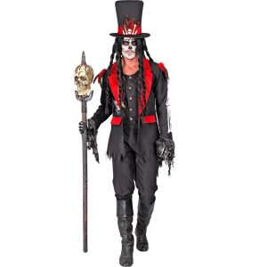 Voodoo Priester Kostüm Anzug mit Federn Deluxe Dia de los Muertos schwarz-rot