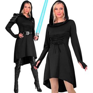 Mittelalterliche Dame Kostüm Kleid halblang mit Kapuze vorn und hinten geschnürt diverse Themen schwarz