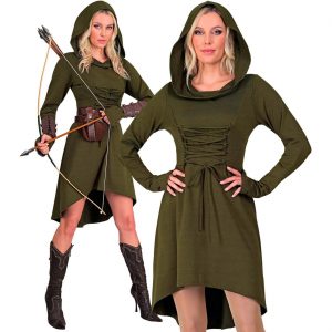 Mittelalterliche Dame Kostüm Kleid halblang mit Kapuze vorn und hinten geschnürt diverse Themen dunkelgrün