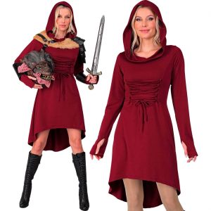 Mittelalterliche Dame Kostüm Kleid halblang mit Kapuze vorn und hinten geschnürt diverse Themen dunkelrot