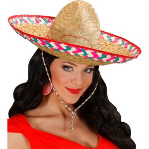 Mexikaner Mariachi Strohhut Sombrero türkis-pinkes Webmuster 52cm beige-bunt