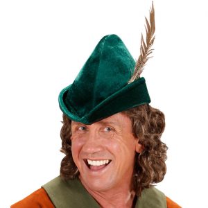 Robin Hood / Peter Pan / Jäger Hut Spitzhut Mütze aus Samt mit Feder dunkelgrün-braun