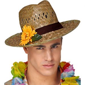 Mexikaner / Hawaiianer Strohhut Fedorahut breite Krempe mit gelber Sonnenblume und Band Gärtnerhut beige