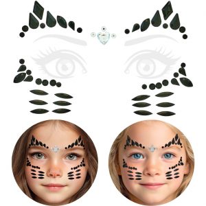 Katze Schmucksteine Augen Set auf Folie selbstklebend mit Schnurrhaaren aus Steinen KATZE schwarz-silber