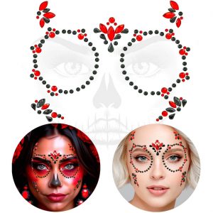 Schädel bleich Schmucksteine Gesicht Set auf Folie selbstklebend DIA DE LOS MUERTOS ROT UND SCHWARZ rot-schwarz