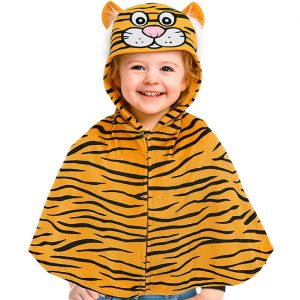 Tiger Kinderkostüm Poncho Überwurf aus Velours Plüsch mit Kapuze orange-schwarz