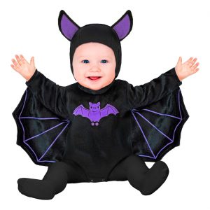 Fledermaus Kinderkostüm Overall kurz Body aus Velours Plüsch mit Kapuze Flügeln schwarz-lila