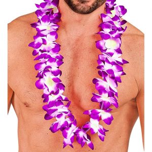 Hawaii / Blumen Halskette Hawaiikette Lei Deluxe lila-weiß