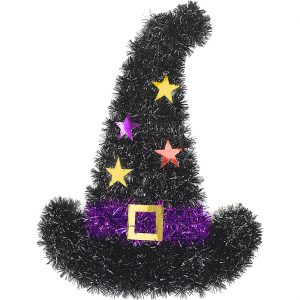 Hexe Dekohängeartikel Lametta Hexenhut mit Sternen Drahtfigur mit Kunststofffäden 41x30cm schwarz-lila