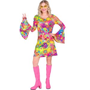 70er Jahre Hippiegirl Kostüm Kleid kurz Motiv Peace und Love bunt