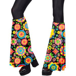 70er Jahre Hippie Hosenschläge+Stirnband Motiv Colorful Flowers Pril Blumen schwarz-bunt