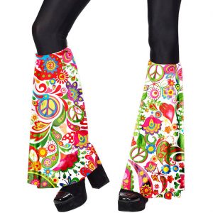 70er Jahre Hippie Hosenschläge+Stirnband Motiv Peace und Paisley weiß-bunt