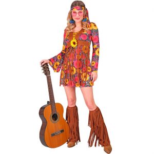 70er Jahre Hippiegirl Kostüm Kleid kurz mit Blumen und Fransen an den Hosenschlägen gelb-pink
