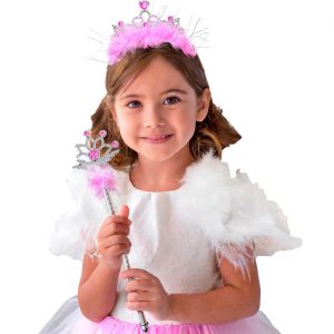 Märchenprinzessin / Fee Krone+Zepter Diadem auf Haarreif aus Kunststoff mit Marabu silber-pink