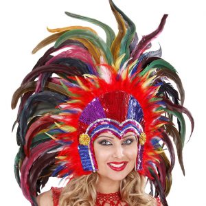 Brasilianischer Federkopfschmuck mit Haltebändern mit bunten Pailletten Tropicana bunt