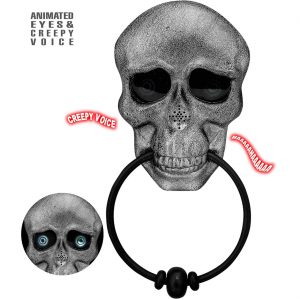 Horror Türklingel Deko Wandbild mit LED+Sound Schädel Türklopfer mit animierent Augen und Gruselstimme grau-schwarz