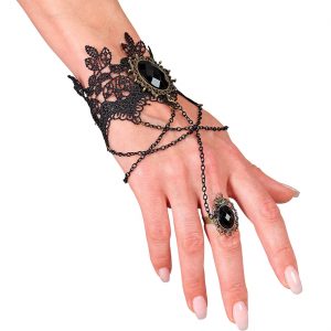 Edelleute Vintage / Gothic Armband mit Ring Manolette aus Spitze mit Ketten und schwarzem Stein schwarz
