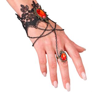 Edelleute Vintage / Gothic Armband mit Ring Manolette aus Spitze mit Ketten und rotem Stein schwarz