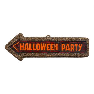 Halloween Deko Wandbild 3D-Folie Hinweisschild in Pfeilform 56x17cm HALLOWEEN PARTY neonorange-braun